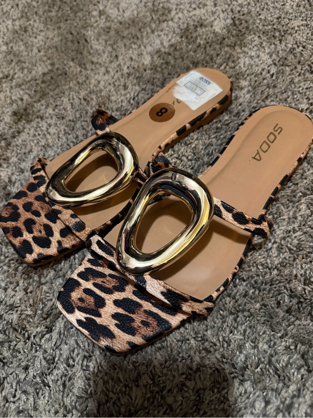Soda Leopard Print Slide Sandals with Gold Accent Hardware